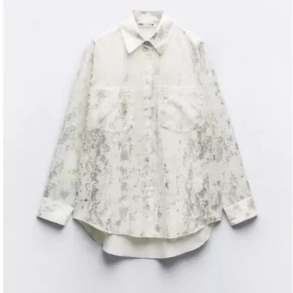 Zara Brushed Silver Metallic Foil White Cotton Button-Up Blouse | S | NWT - Picture 3 of 12